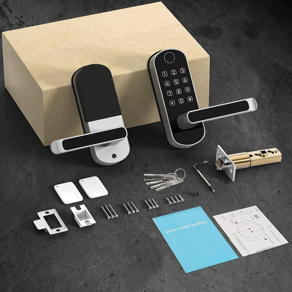 WiFi Smart Door Lock with Handle, Listed Fingerprint and Digital Keypad Access in Black or Silvery for Compatible Home Entryways, Office and Garage Access Doors