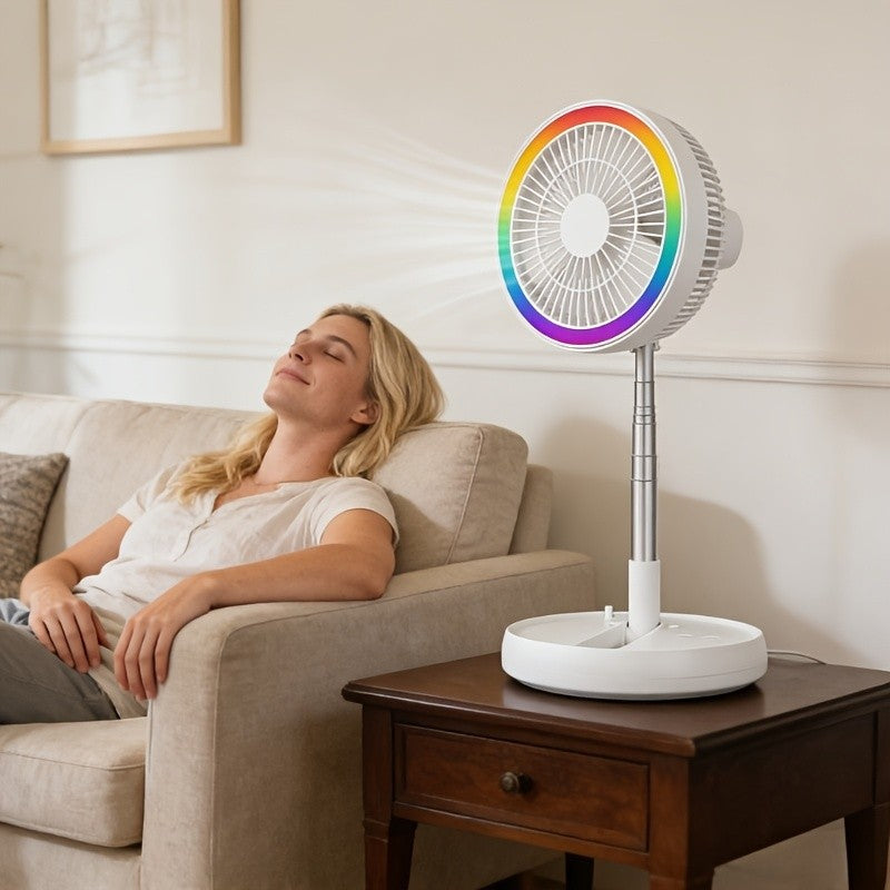Folding Rechargeable Fan with Remote Control, 3600mAh Telescopic Portable Fan with 4 Speeds, USB Charging and 7-Color Ambient Light, Low Noise Expandable Battery Fan for Home, Office, Travel, Camping, RV and Dorm