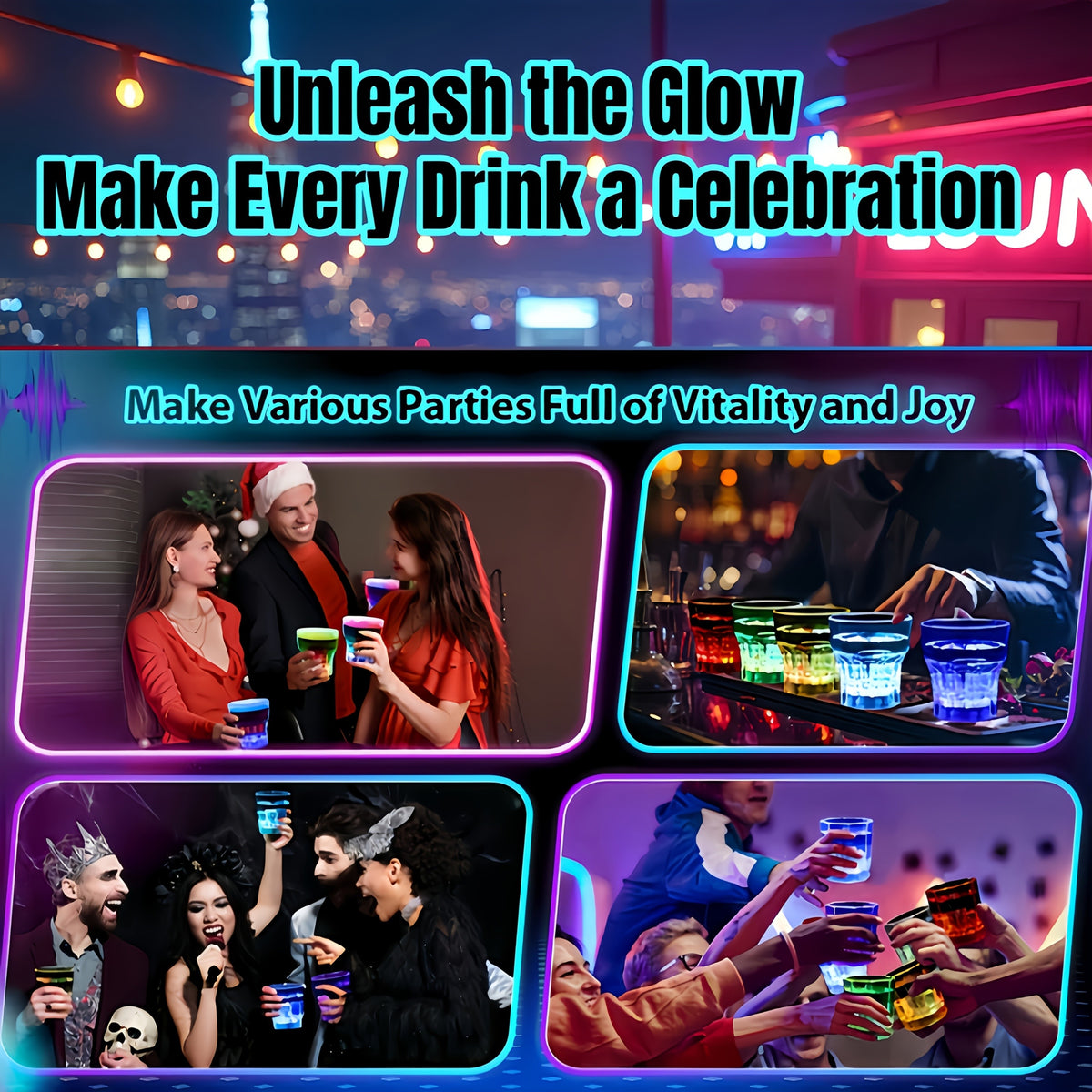 LED Light-Up Party Wine Glasses with Color-Changing Mode Wording, Small Cup Sets in 12 or 15-Piece Options for Birthdays, Weddings and Holiday Celebrations