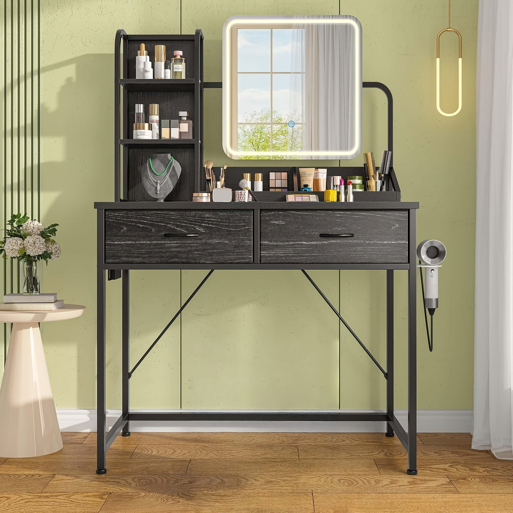 Black Vanity Desk with Lighted Mirror and Five Fabric Drawers, Three Lighting Modes, Adjustable Brightness and Listed Power Outlet for Bedroom Makeup Storage
