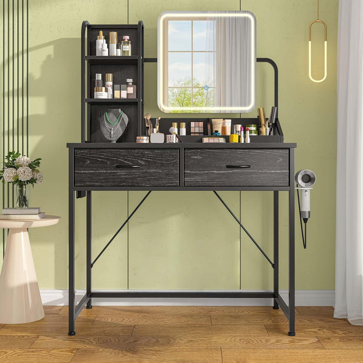Black Vanity Desk with Lighted Mirror and Five Fabric Drawers, Three Lighting Modes, Adjustable Brightness and Listed Power Outlet for Bedroom Makeup Storage