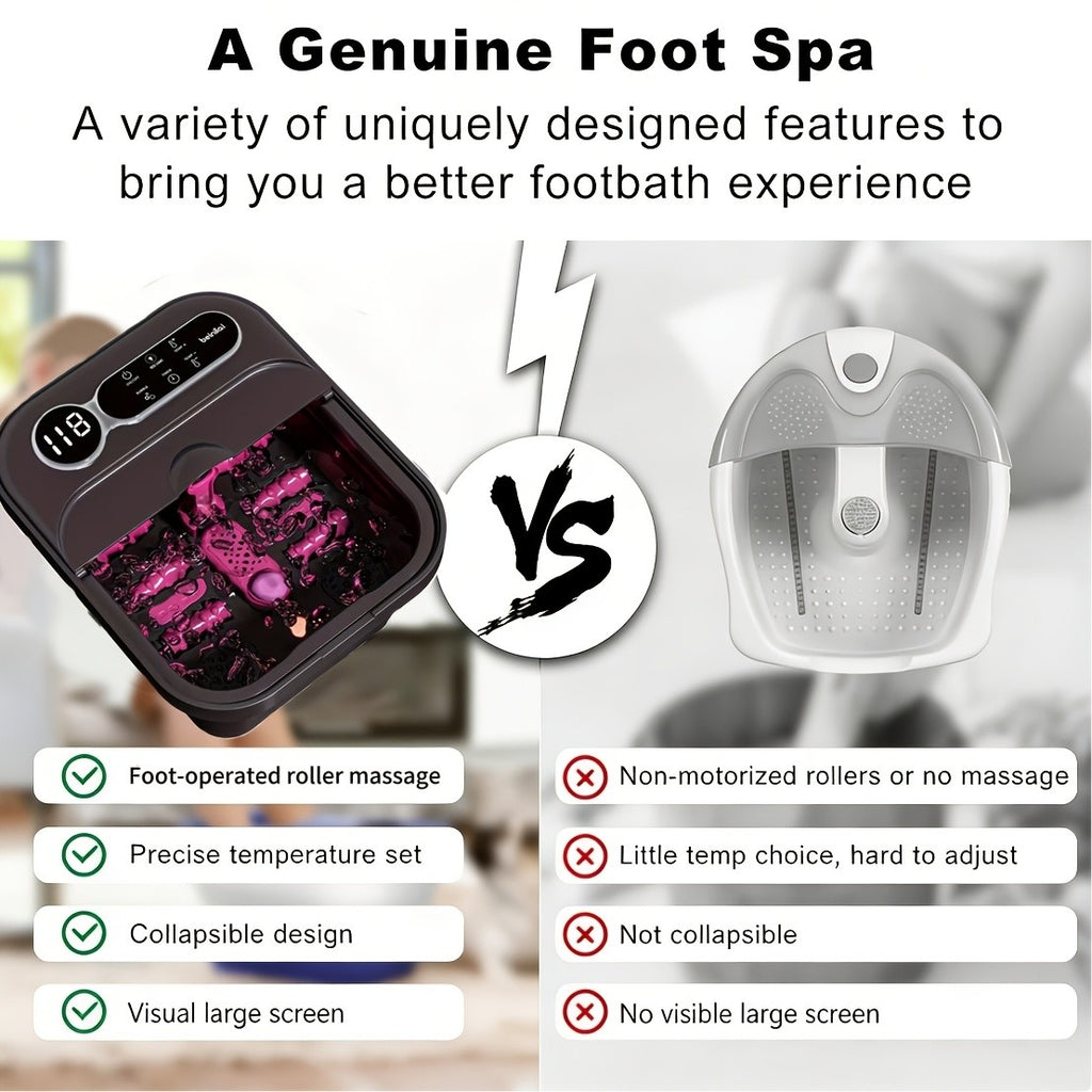 Foldable Heating Foot Spa Basin with Temperature Control, Massage Rollers, Bubbles and Pedicure Kit Wording, Portable or Rose Red Touch Model Options