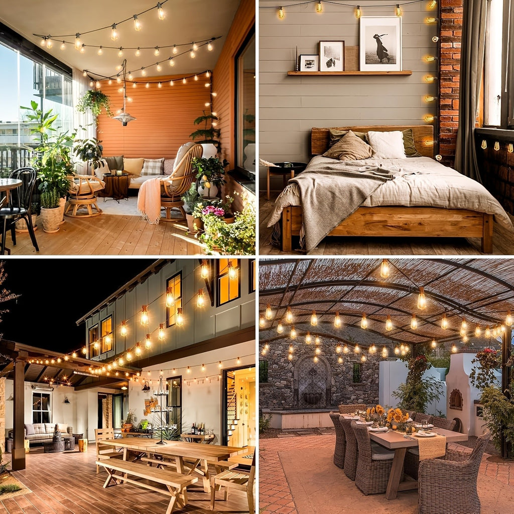 Teardrop Solar String Lights with 2700K Warm ST38 LED Filament Bulbs, Dimmable Outdoor Patio Decor in 50, 120, 150 or 200ft Length Options