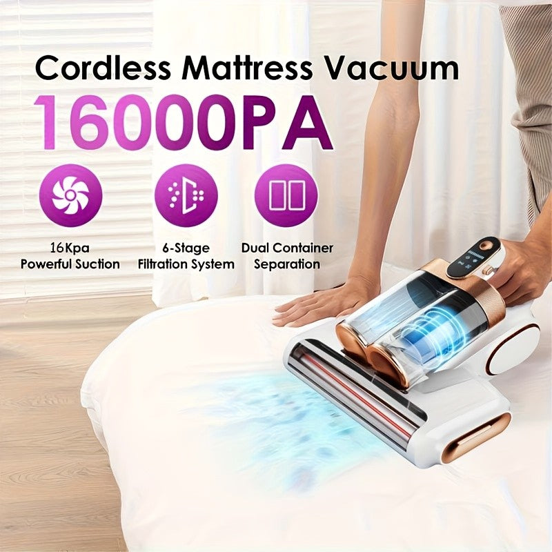 Wireless Mattress Vacuum Cleaner with Listed 16kPa Suction and Dual Cups, Washable Sponge Pre-Filter in Purple or White for Compatible Bed, Sofa and Carpet Fabrics