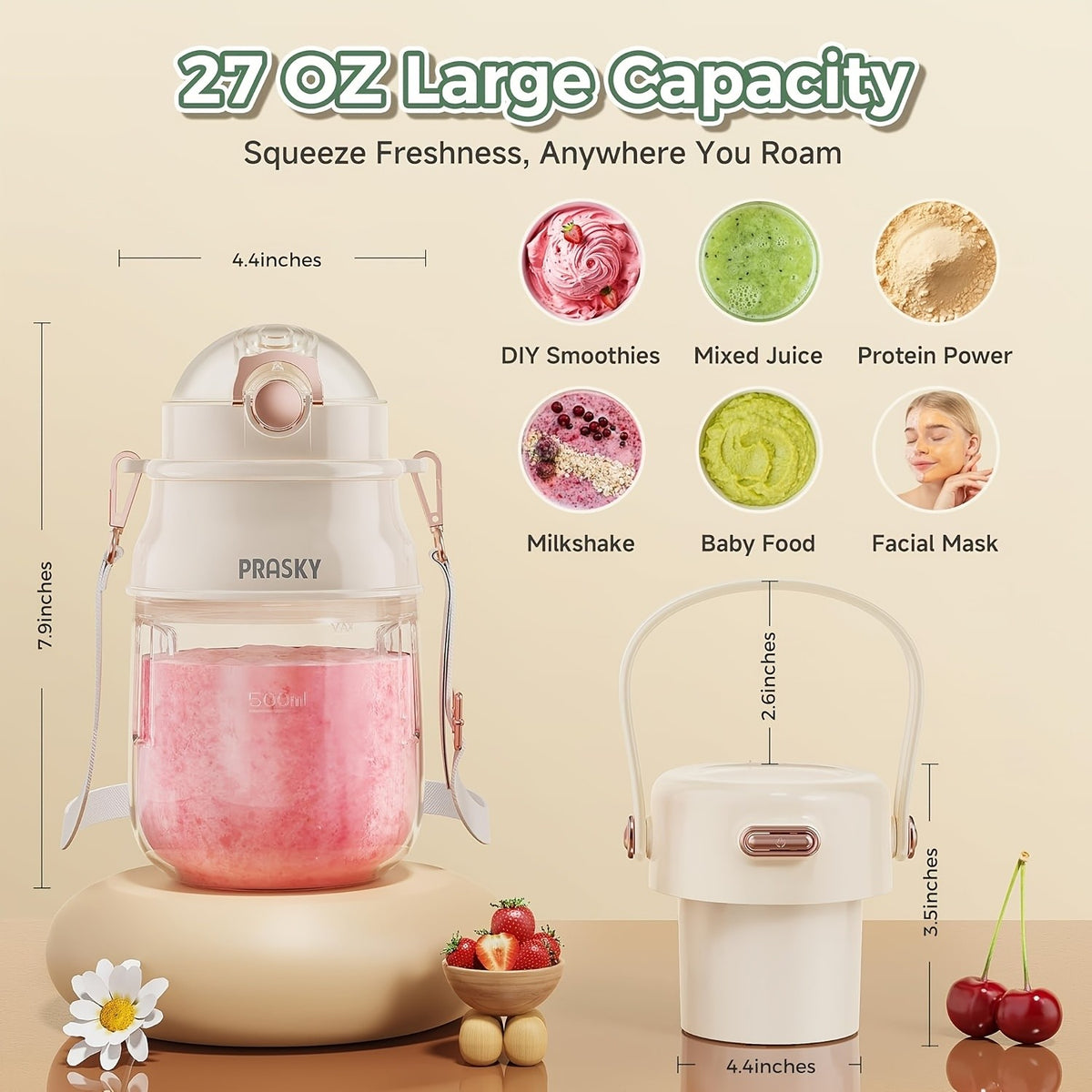 10-Blade Portable Blender 27oz, USB Rechargeable Personal Blender Cup for Smoothies, Shakes and Milkshakes, 800ml Travel Blender for Office, Gym, Picnics and Kitchen