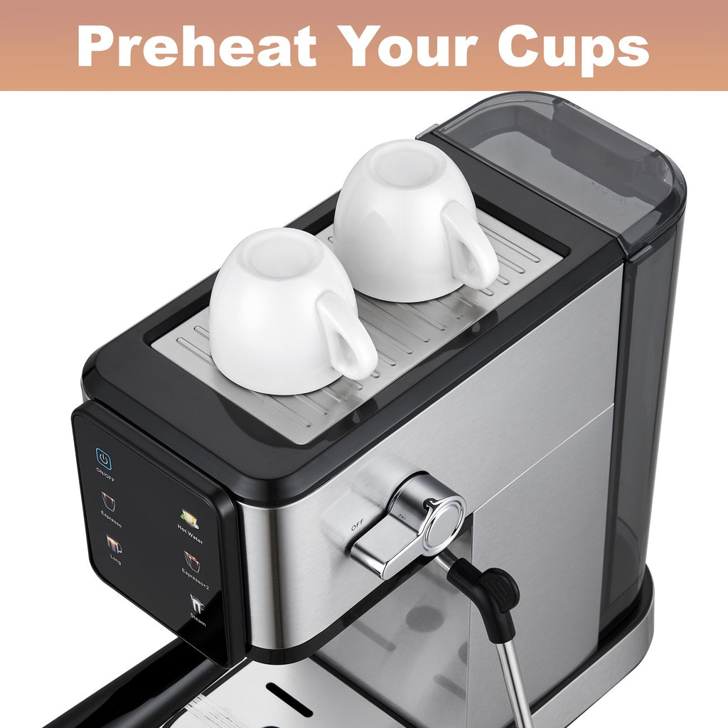 Touch Control Espresso Machine by TESSLUX, Listed 20 Bar Dual Boiler Coffee Maker with Milk Frother Wand in Silvery for Home Cappuccino and Latte Preparation