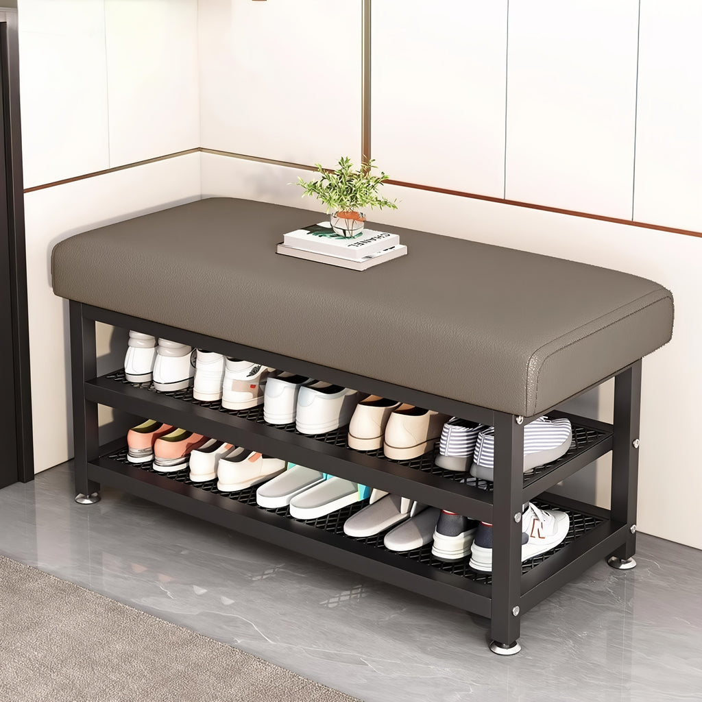 Shoe Storage Bench with Soft Seat Cushion, Metal Frame and Multi-Compartment Design in Grey or Orange, 24 or 32 Inch Model Labels for Entryway Organization