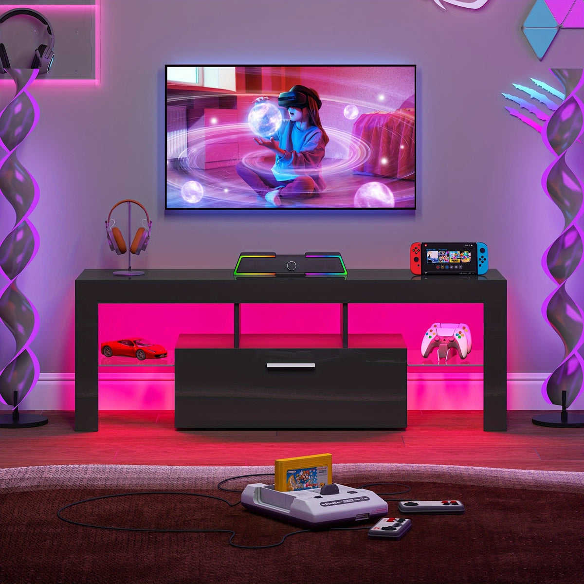Black LED TV Stand with Listed 51-Inch Length and Single Storage Drawer, Modern Entertainment Media Console for Living Room, Bedroom and Game Room Organization