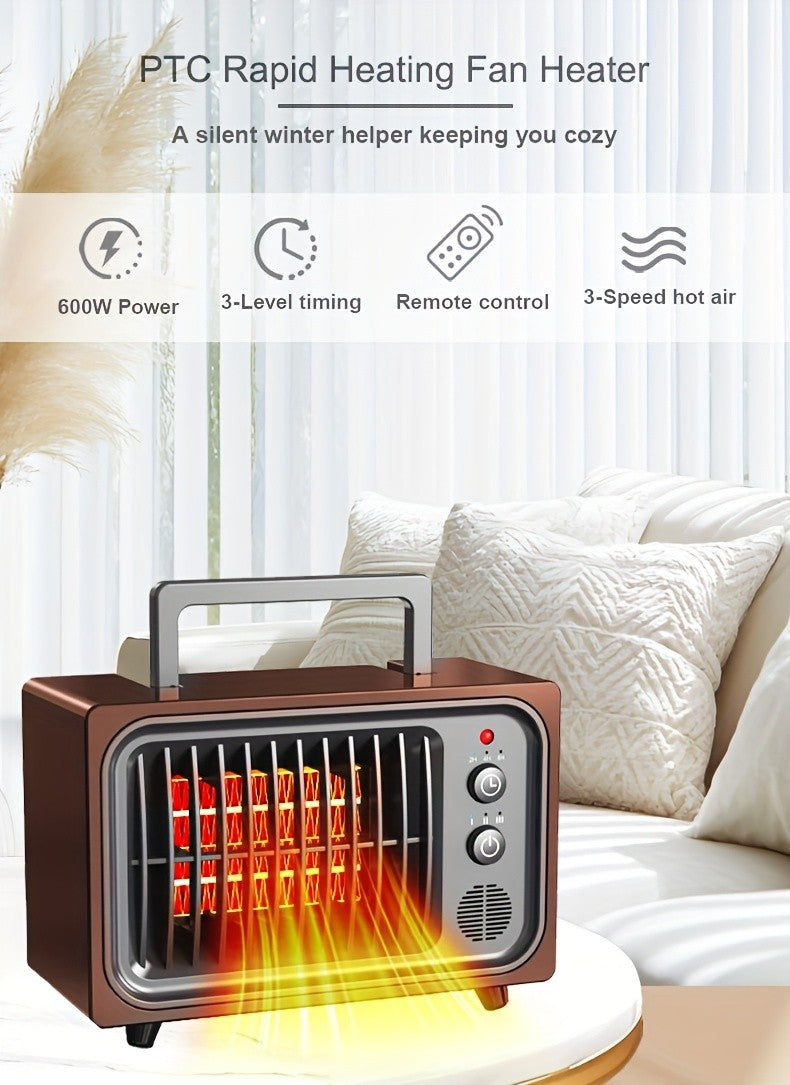 Remote-Controlled Red Space Heater with Listed 600W Power, Three Heat and Fan Settings, Adjustable Thermostat and Timer for Supervised Indoor Home or Office Warmth