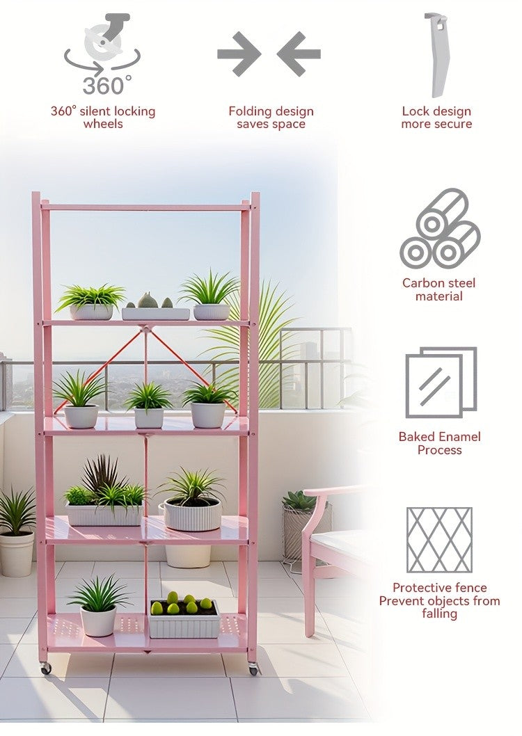 Rolling Folding Storage Rack with Metal Construction and Listed Locking Wheels, Three- to Five-Tier Model Labels for Kitchenware, Household and Dorm Organization