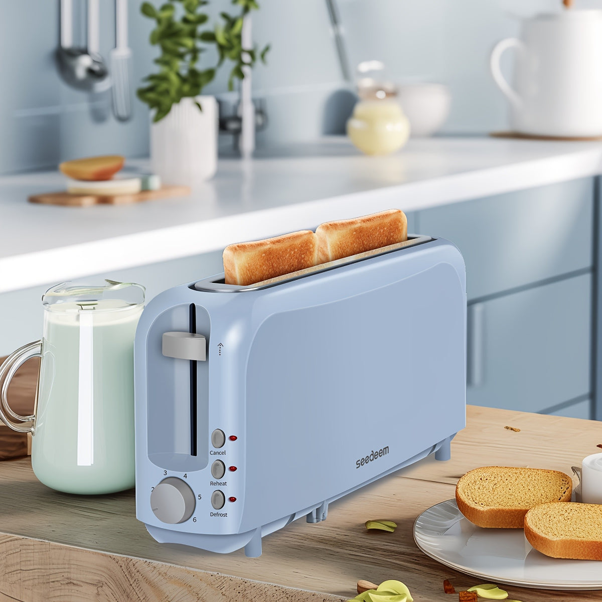 Slim Long Slot Toaster by SEEDEEM, 2-Slice 750W Breakfast Toaster with 1.45-Inch Wide Slot, 6 Shade Settings, Reheat, Defrost and Crumb Tray