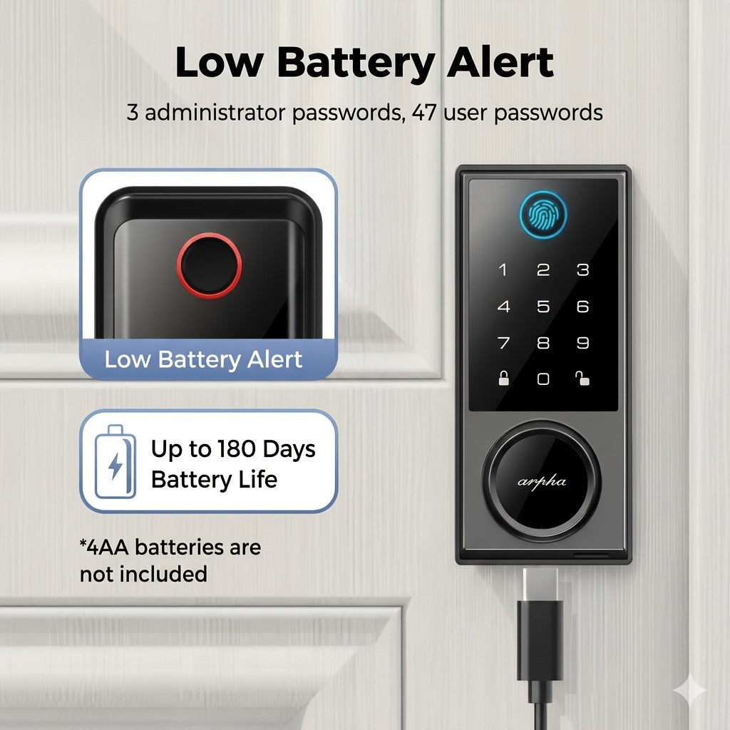 Touchscreen Smart Deadbolt Lock by ARPHA in Black with Digital Keypad, WiFi App Control, Auto-Lock and Anti-Peeping Password Features for Compatible Doors