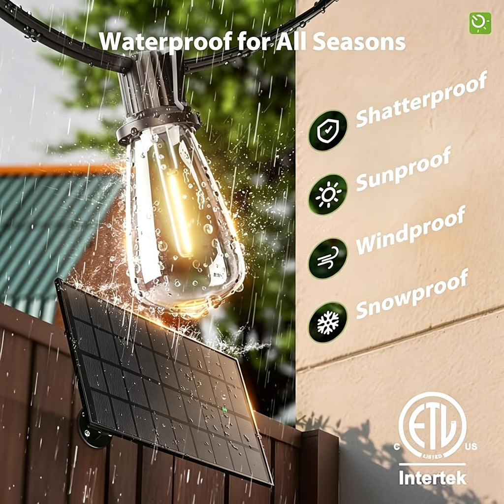 ST38 Solar Patio String Lights with Listed 2700K Warm Light and E12 Base, 100 to 200ft Length Options for Garden, Courtyard and Party Backdrop Decoration
