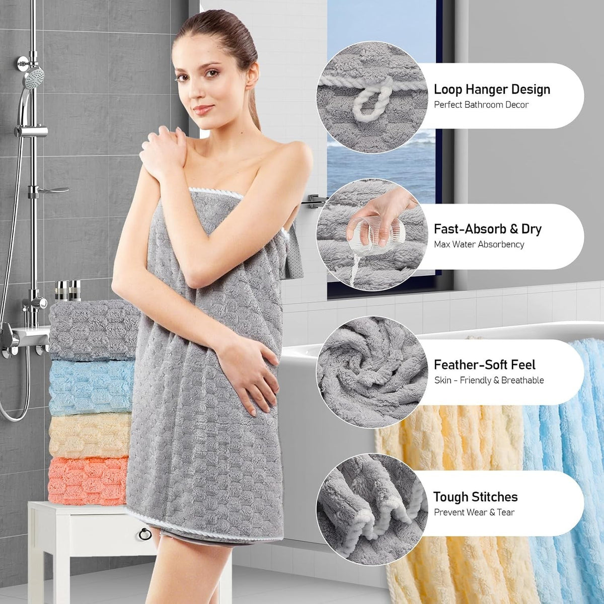 Coral Fleece Bath Towel Set with Hair Drying Cap, Five-Piece Bundle Featuring Four 27 x 55 Inch Plush Towels and Listed Hanging Loops for Home Shower Routines