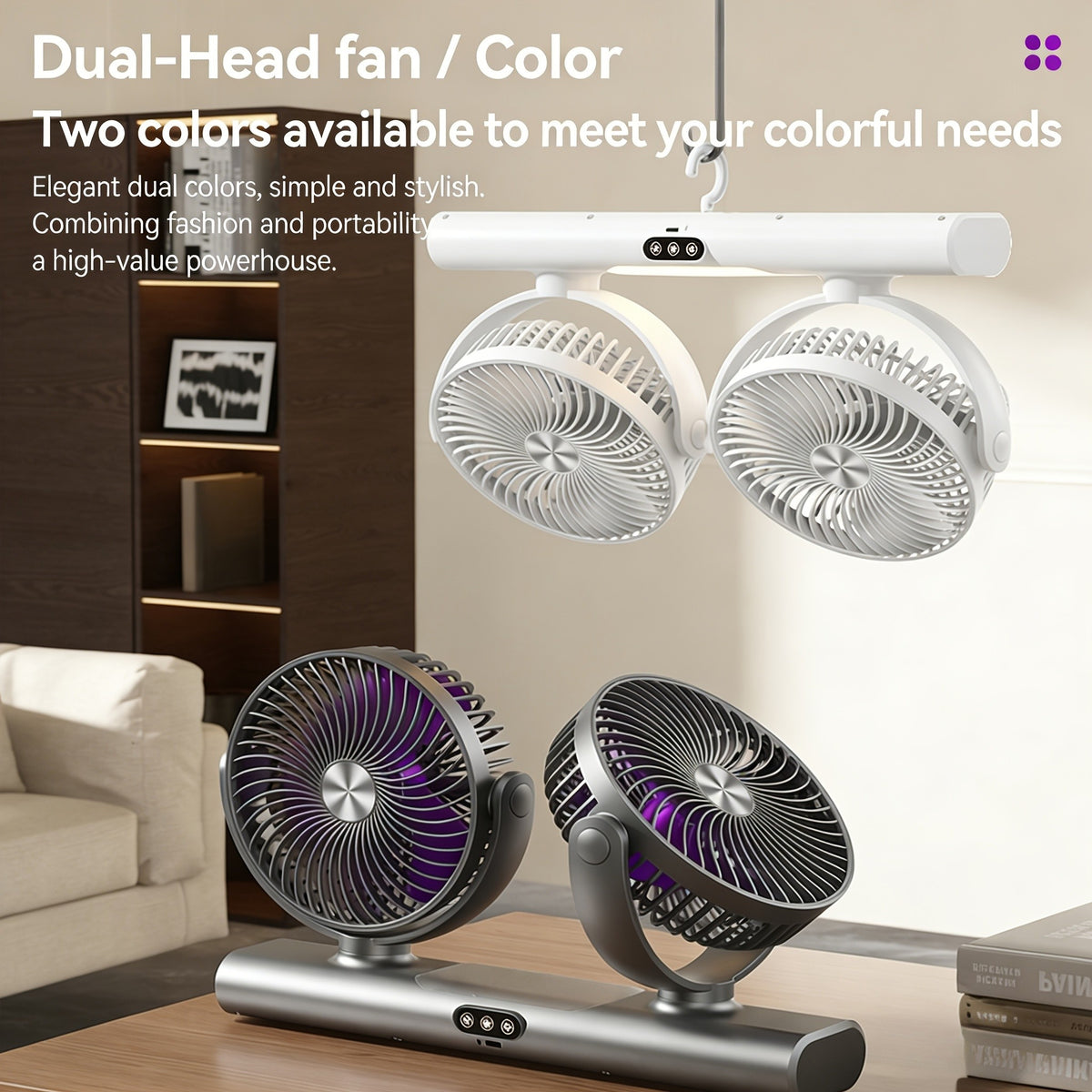 Twin-Head USB Desk Fan with Listed Three-Speed Adjustment, Multi-Angle Airflow and Night Light in Off White or Grey for Home, Office and Camping Spaces