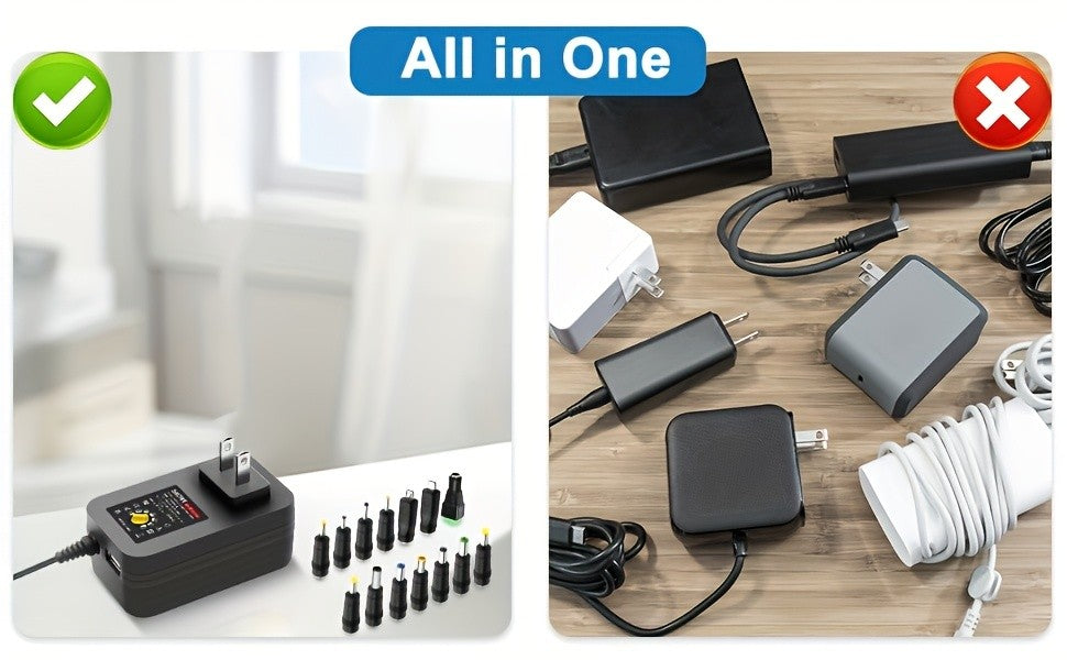 36W Universal AC/DC Power Adapter Adjustable 3V-12V Power Supply with 14 Interchangeable Tips, Polarity Converter, Over-Current Protection for Household Appliances, LED Strips, Routers, Cameras, 3D Printers and Electronics