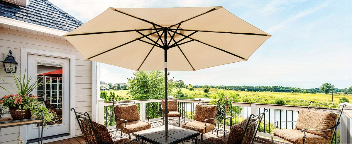 Crank Lift Patio Umbrella, 10ft Market Shade with Push Button Tilt and Eight Ribs in Red or Blue for Garden Seating, Backyard Tables, Decks and Poolside Lounging