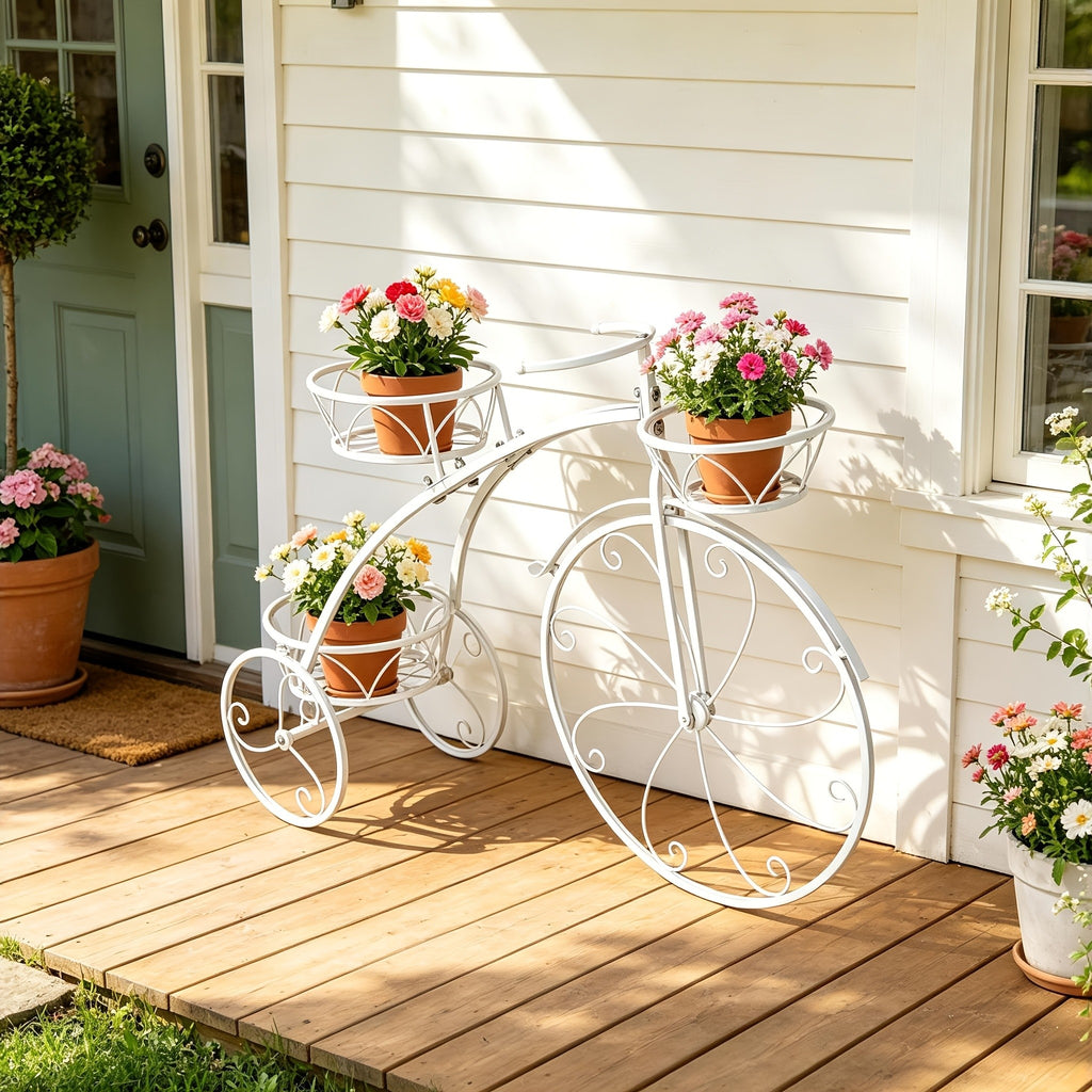 Tricycle Plant Stand in Black or White with Three Iron Pot Holders, Decorative Bicycle Flower Display with Fixed Wheels for Home and Suitable Patio Spaces