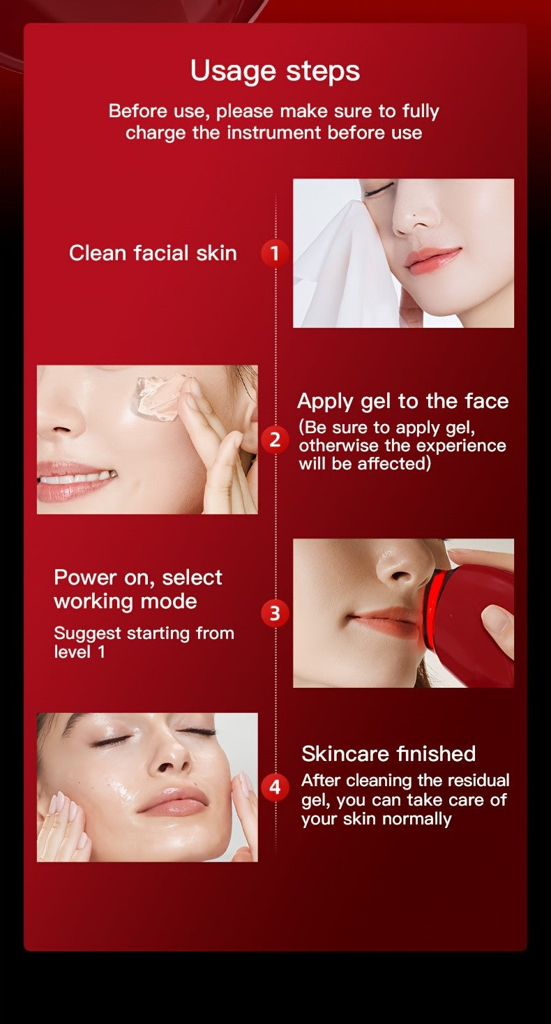 Burgundy Handheld Facial Care Device with Three Listed Skincare Modes, USB Rechargeable Power, Ergonomic Design and Color Light Features for Home Beauty Routines