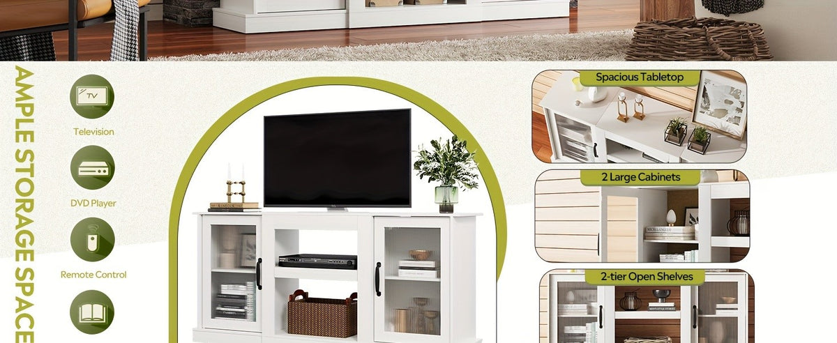 Retro TV Stand with Open Storage Shelves, Black, Rustic Brown or Greige Media Console for Compatible Television Setups in Living Rooms and Bedrooms
