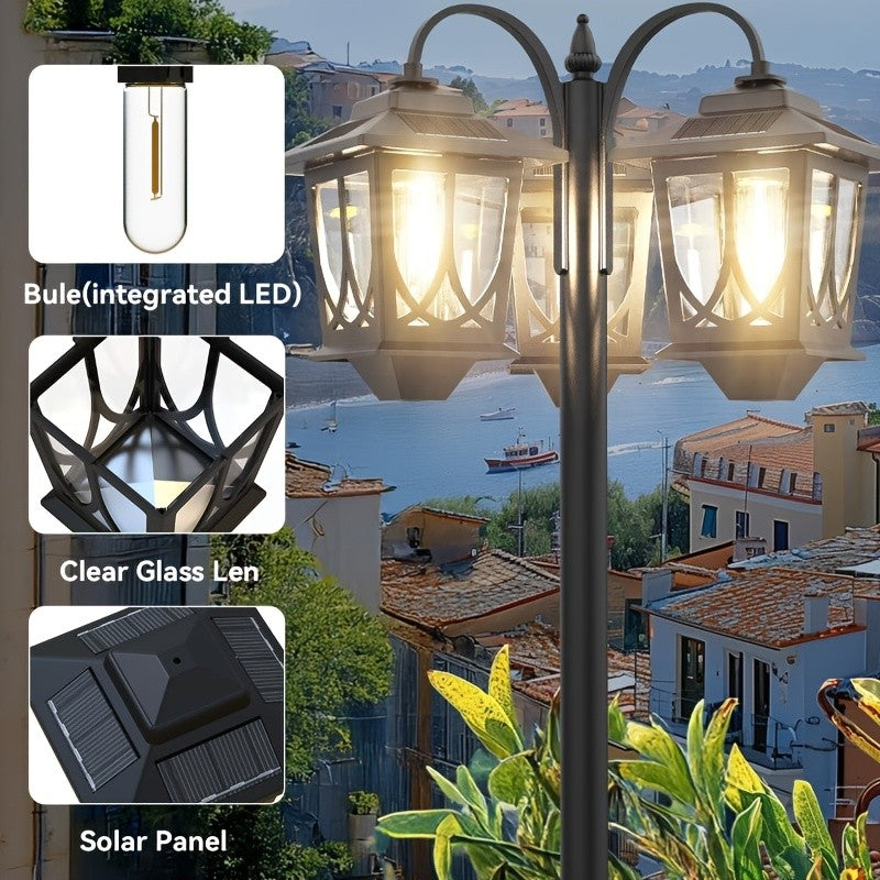 Three-Head Solar Lamp Post with Listed 73-Inch Section-Adjustable Design and 3000K Warm White Light, Black, Two-Pack or Upgraded Flower Pot Model Labels
