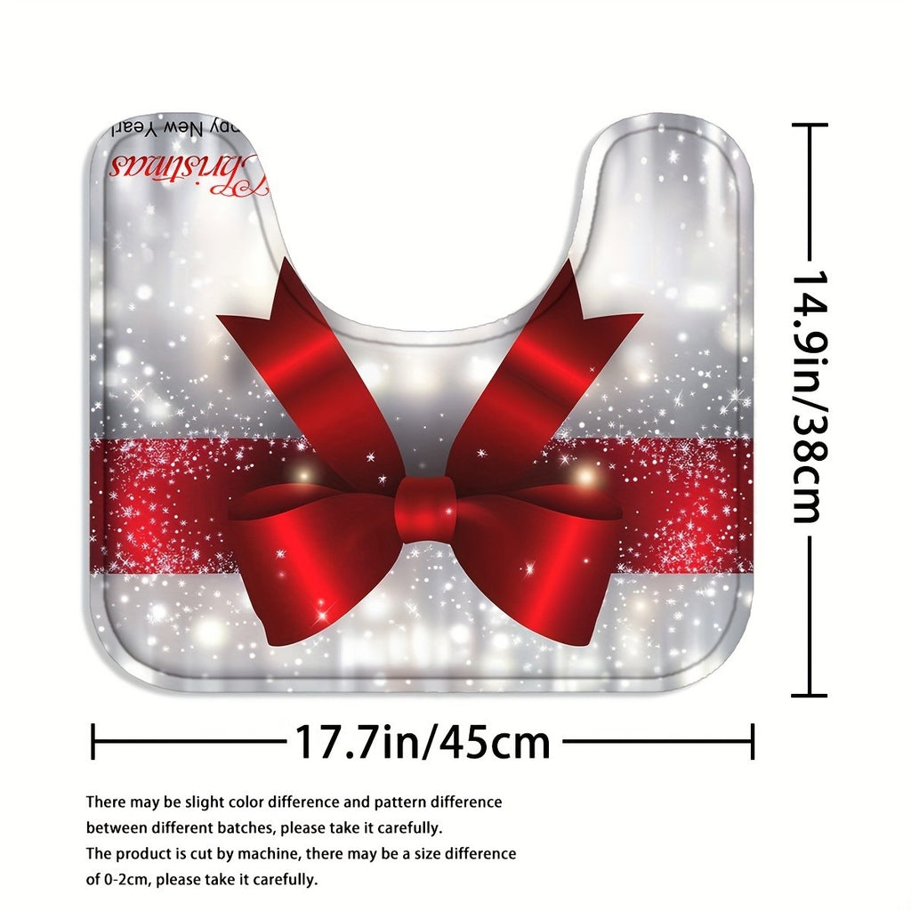Christmas Shower Curtain Set with 12 Hooks, Four-Piece Merry Christmas Bathroom Decor with Polyester Curtain, Bath Mat, U-Shaped Mat and Toilet Lid Cover