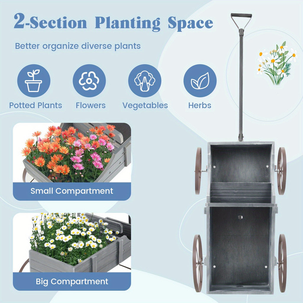 Wooden Planter Cart with Two Planting Boxes, Four Iron Wheels and Pull Handle, Painted Fir Wood Garden Flower Stand with 33lb Listed Load Limit in Five Colors