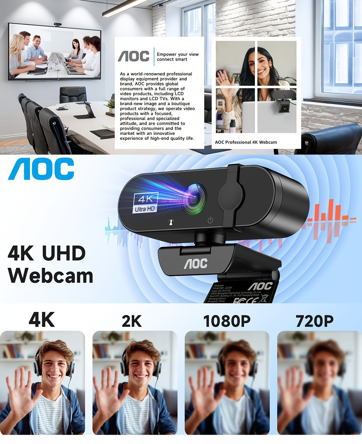 AOC 4K USB Webcam in Starry Black with Microphone, Noise Cancellation, Privacy Cover and 99 Degree Field of View for PC Meetings and Live Streaming