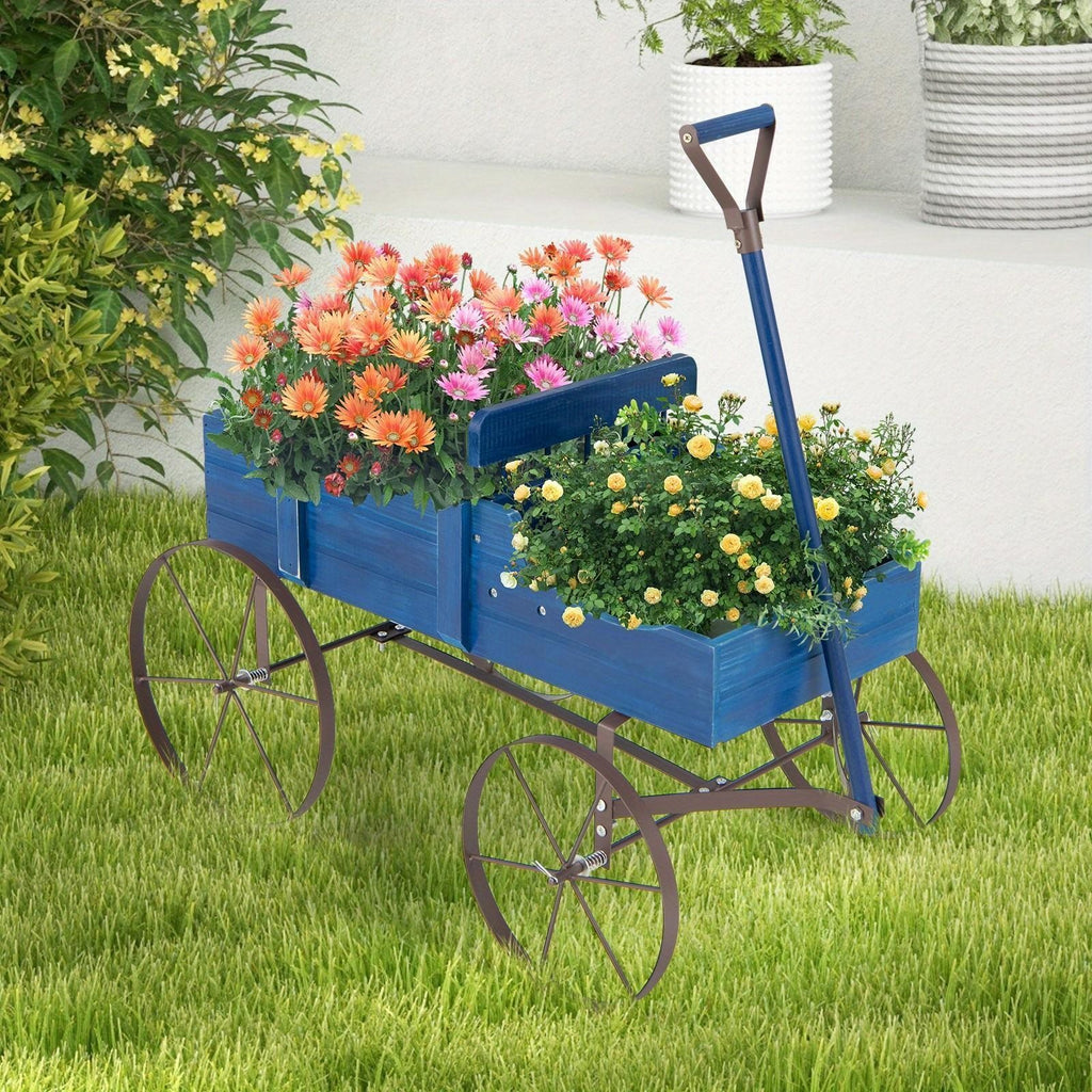 Wooden Planter Cart with Two Planting Boxes, Four Iron Wheels and Pull Handle, Painted Fir Wood Garden Flower Stand with 33lb Listed Load Limit in Five Colors