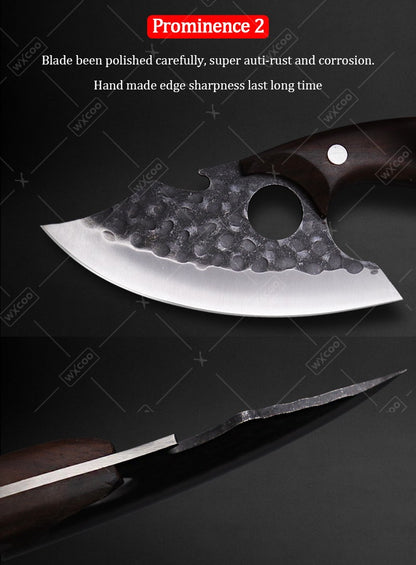 Three Piece Chef Knife Set with Listed 5Cr15MoV Stainless Steel Blades and Hammered Texture for Meat, Fish, Vegetable Preparation and Backyard BBQ Cooking