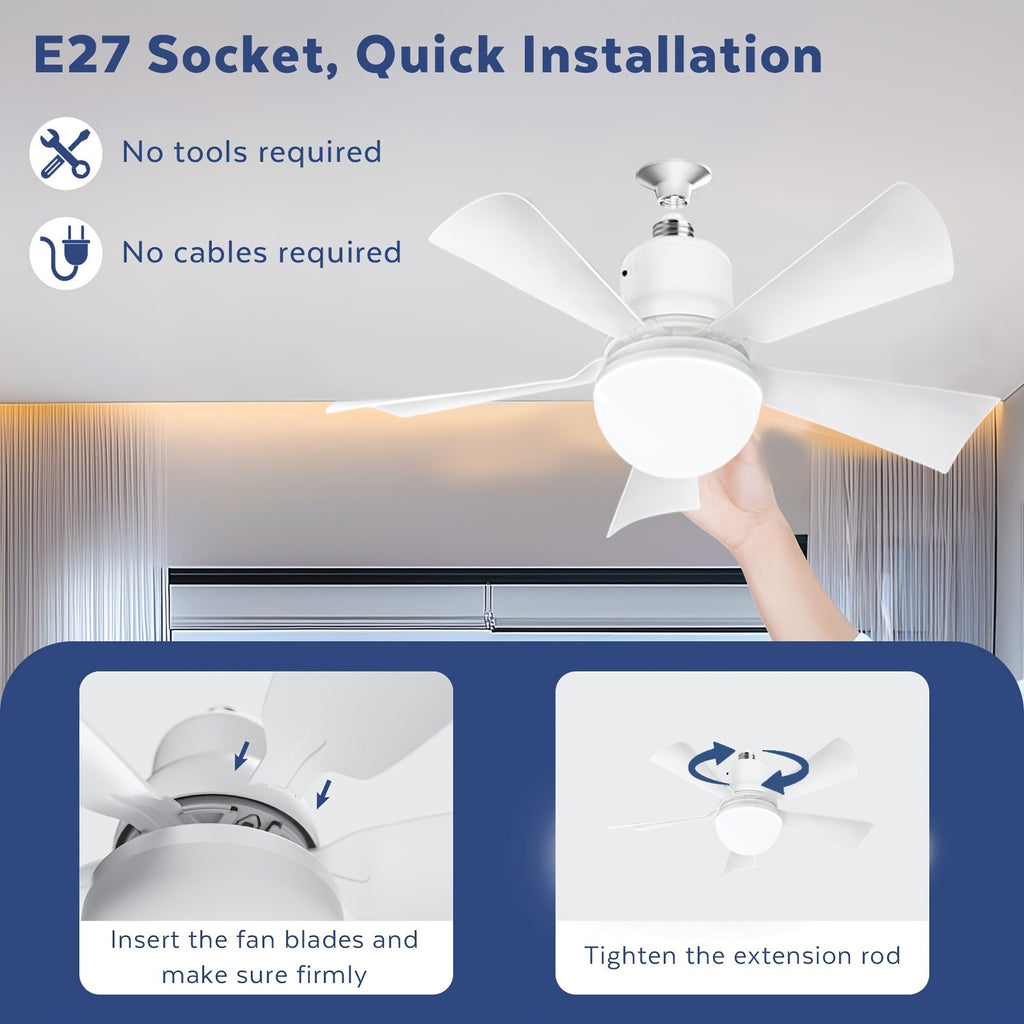 20.5 Inch Socket Fan Light with Remote, E26 Base Screw-In Ceiling Fan with Dimmable Light, Small Ceiling Fan for Garage, Bathroom, Bedroom and Kitchen Cooling and Illumination, White