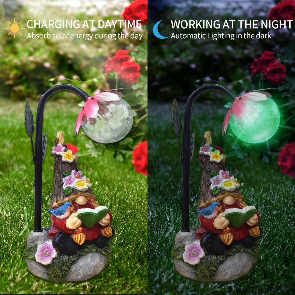 Solar Garden Gnome Statue with Colorful Gradient LED Light, Red or Blue Decorative Ornament for Patio, Balcony, Flower Bed and Yard Gift Displays