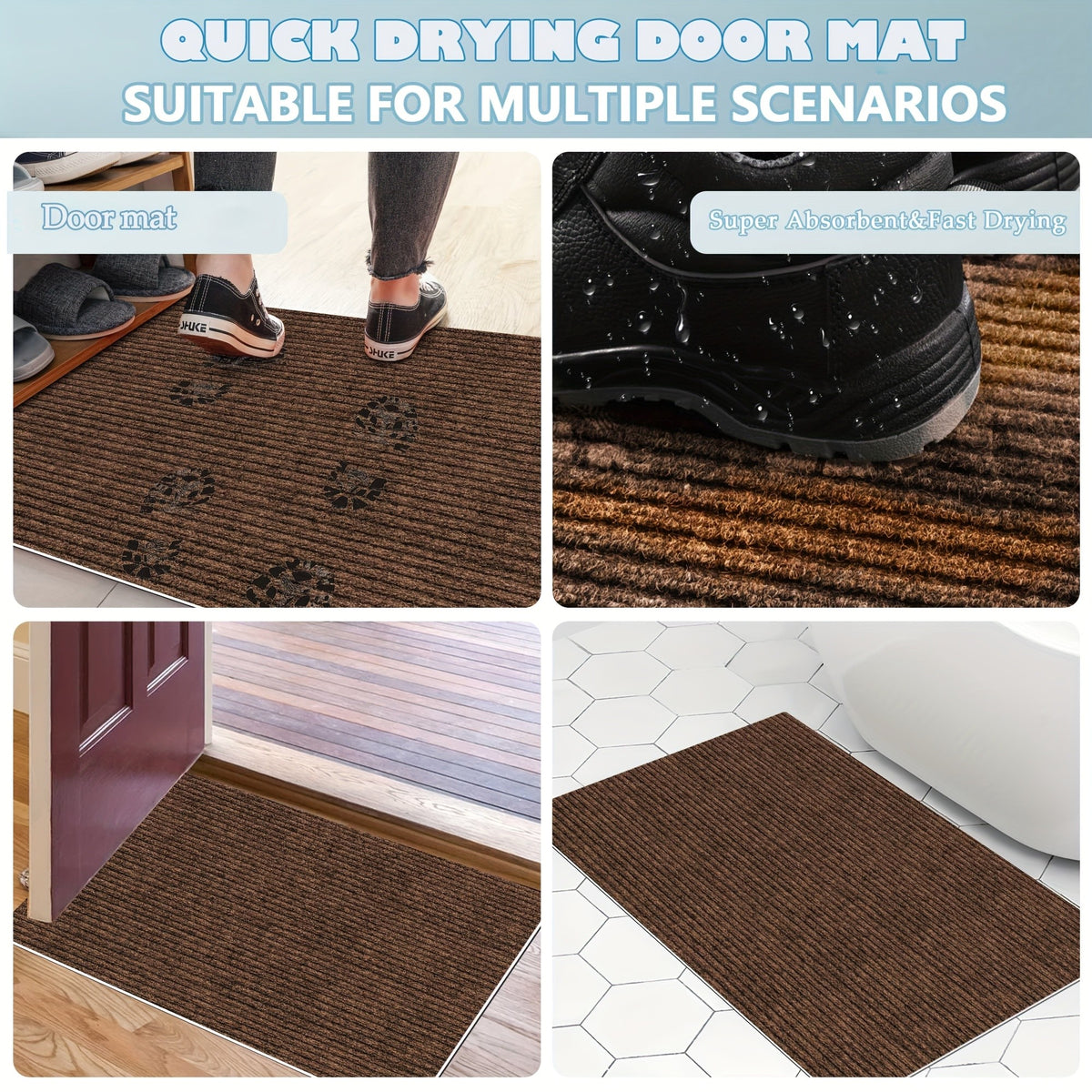 Low Profile Indoor Doormat and Entryway Runner with Grooved Surface and Listed Rubber Backing, Seven Size Options in Grey, Black or Brown for Home Entrances