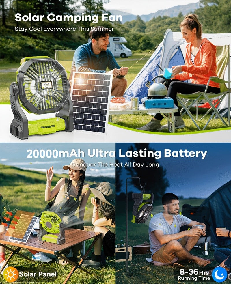 Solar Charging Camping Fan with Listed USB Battery Power and Hanging Hook, X98 Green or Black and X23 Pink, Green or Black Model Options for Picnic and Campsite Airflow