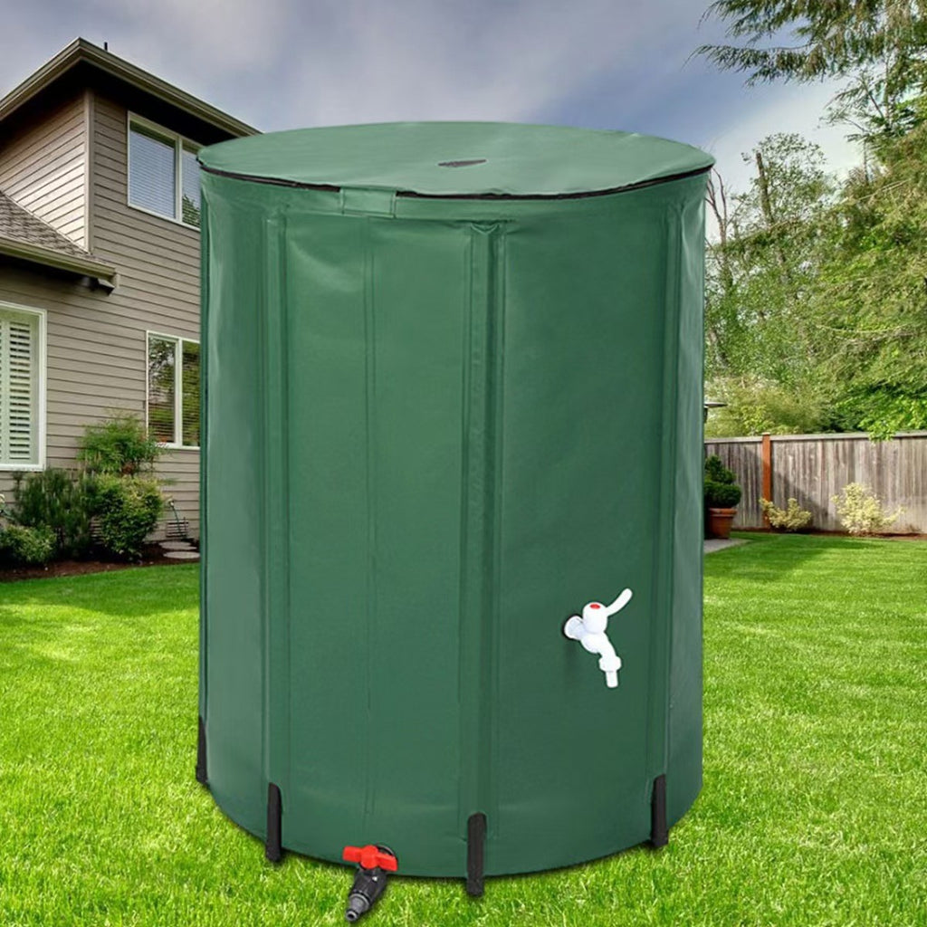 Rain Barrel Water Collection Tank with Multiple Listed Capacities, Plastic Garden Water Storage Container in Black or Green for Backyard Watering and Lawn Care