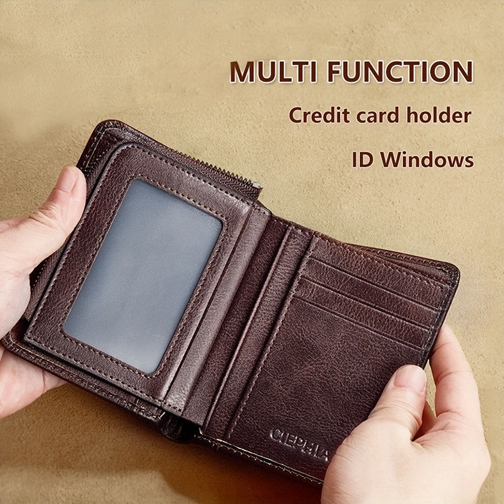 Trifold Leather Wallet for Men with Eight Card Slots, Two ID Windows, Coin Pocket and Two Banknote Sections, Yellow Brown, Black or Coffee Color for Daily Carry
