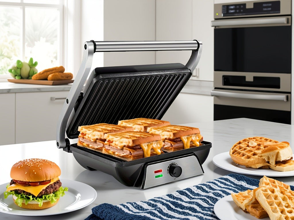 Floating-Hinge Panini Press and Indoor Grill with Nonstick Plate Wording, 180-Degree Opening and Grease Tray, Color or Timer-Control Options for Sandwiches