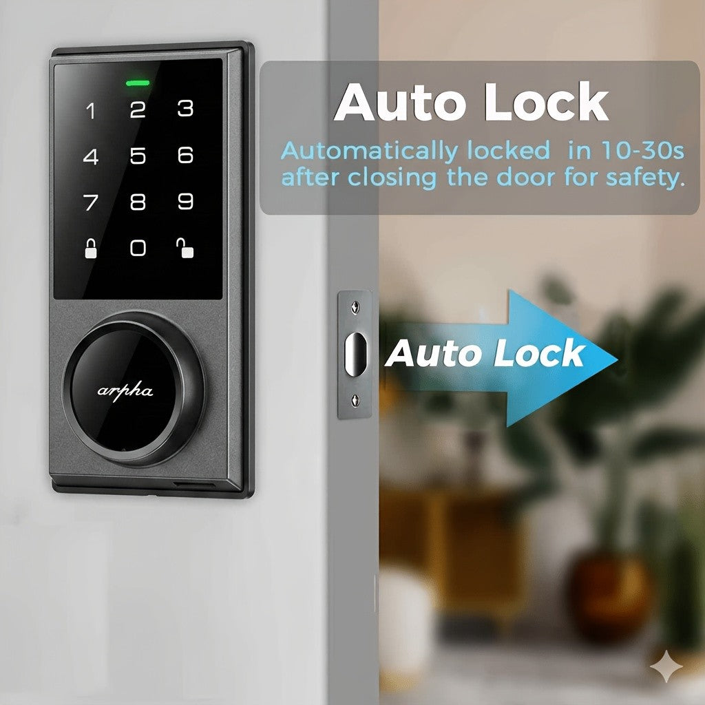 Touchscreen Smart Deadbolt Lock by ARPHA in Black with Digital Keypad, WiFi App Control, Auto-Lock and Anti-Peeping Password Features for Compatible Doors