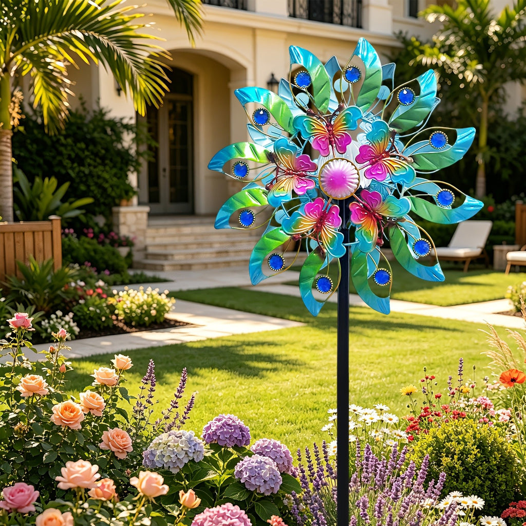 Garden Wind Spinner with Solar Multicolor LED Light, Metal Pinwheel Yard Decor with Listed 72-Inch Size and Red, Bronze, Blue or Butterfly Design Options