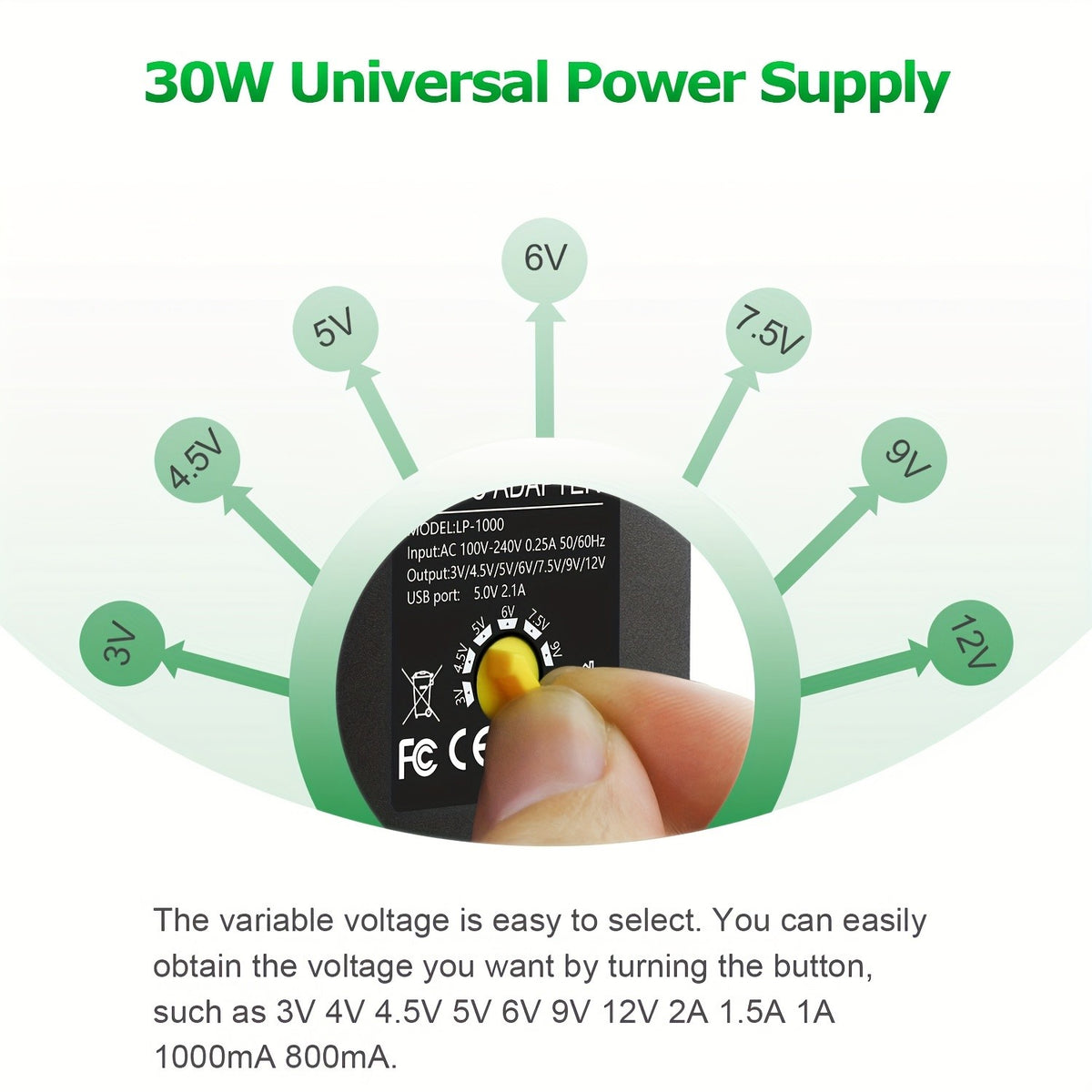 Adjustable AC/DC Power Adapter by ALITOVE, 3V–12V Selectable Output, 30W Maximum, 14 Connector Tips and Listed 5V 2.1A USB Port for Compatible Electronics