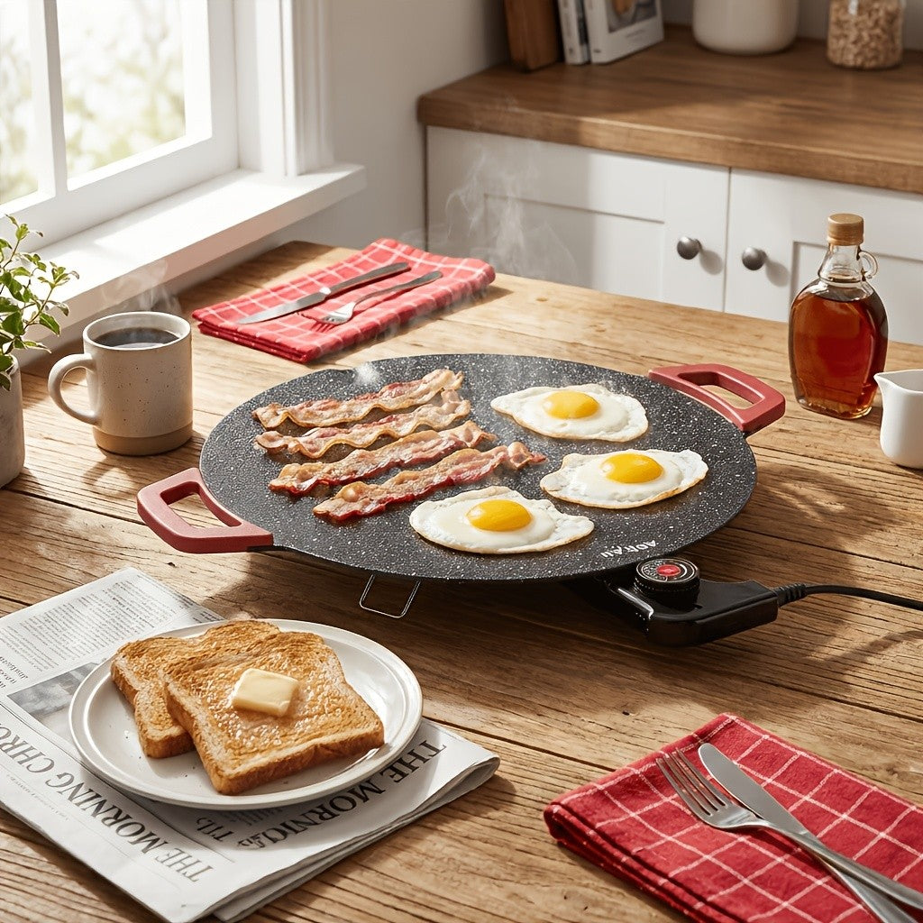 Red-Handle Electric Griddle with Nonstick Cooking Surface and Adjustable Heat Settings for Breakfast, Home BBQ and Family Meals, AR-01 or AR-02 Options
