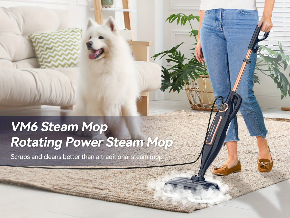 Rotating-Pad Steam Mop VM6 with Three Listed Steam Modes, LED Headlights and Removable Water Tank, Black Gray or Black Golden Floor Cleaning Options
