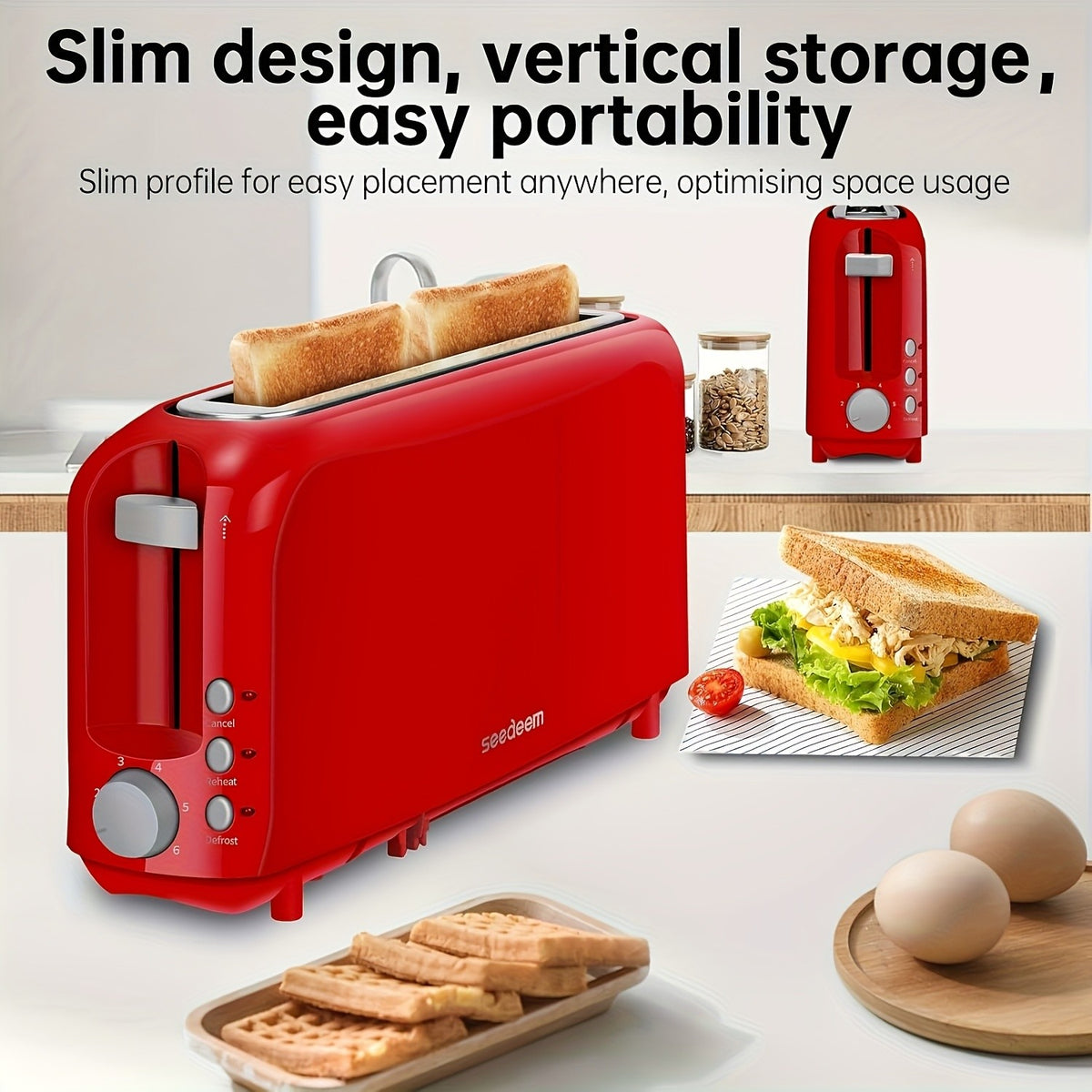Slim Long Slot Toaster by SEEDEEM, 2-Slice 750W Breakfast Toaster with 1.45-Inch Wide Slot, 6 Shade Settings, Reheat, Defrost and Crumb Tray