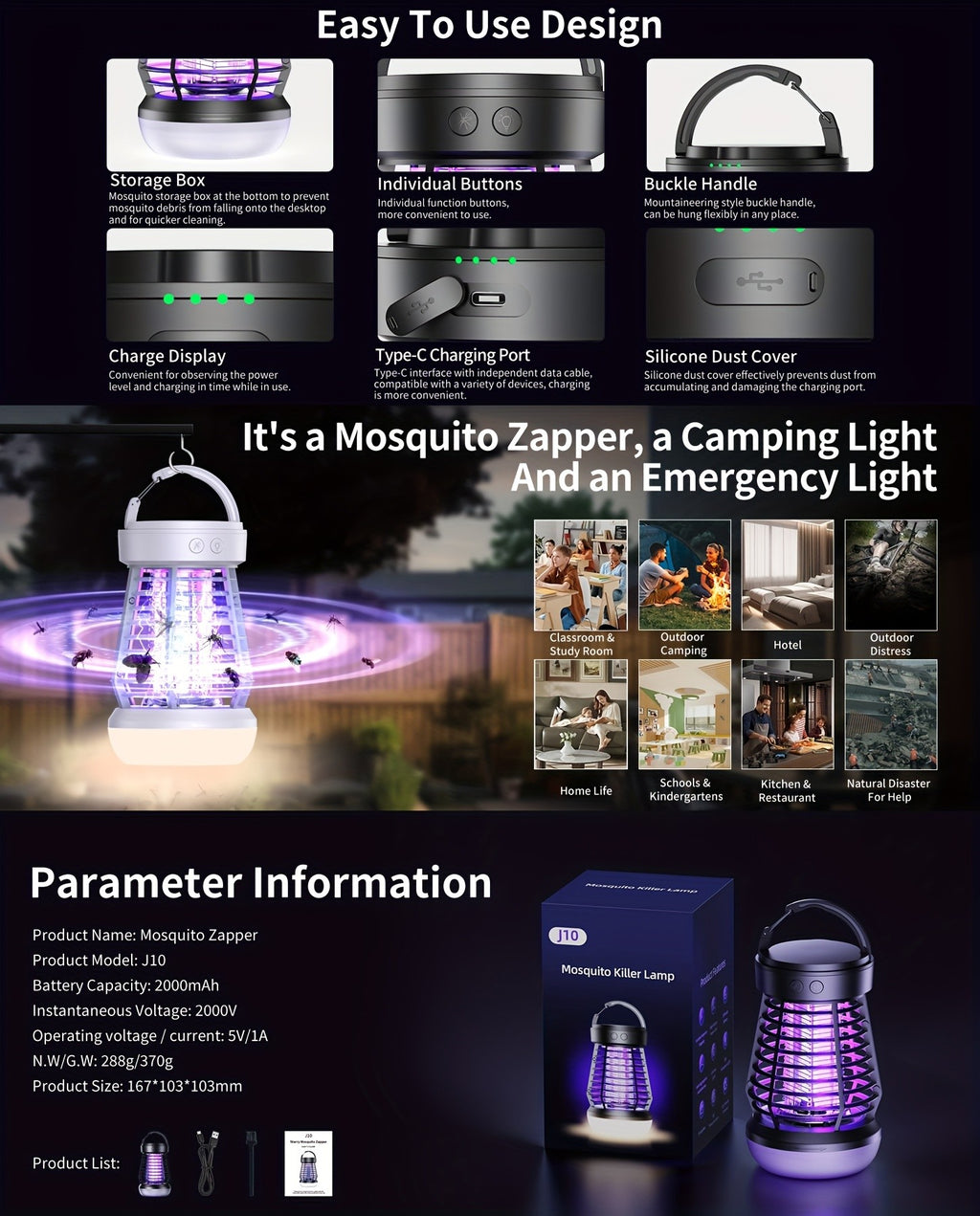 Rechargeable Bug Zapper with Bottom SOS Light and Listed 2000mAh Battery, Compact Electric Insect Trap in Black, White and New J13 Model Selections