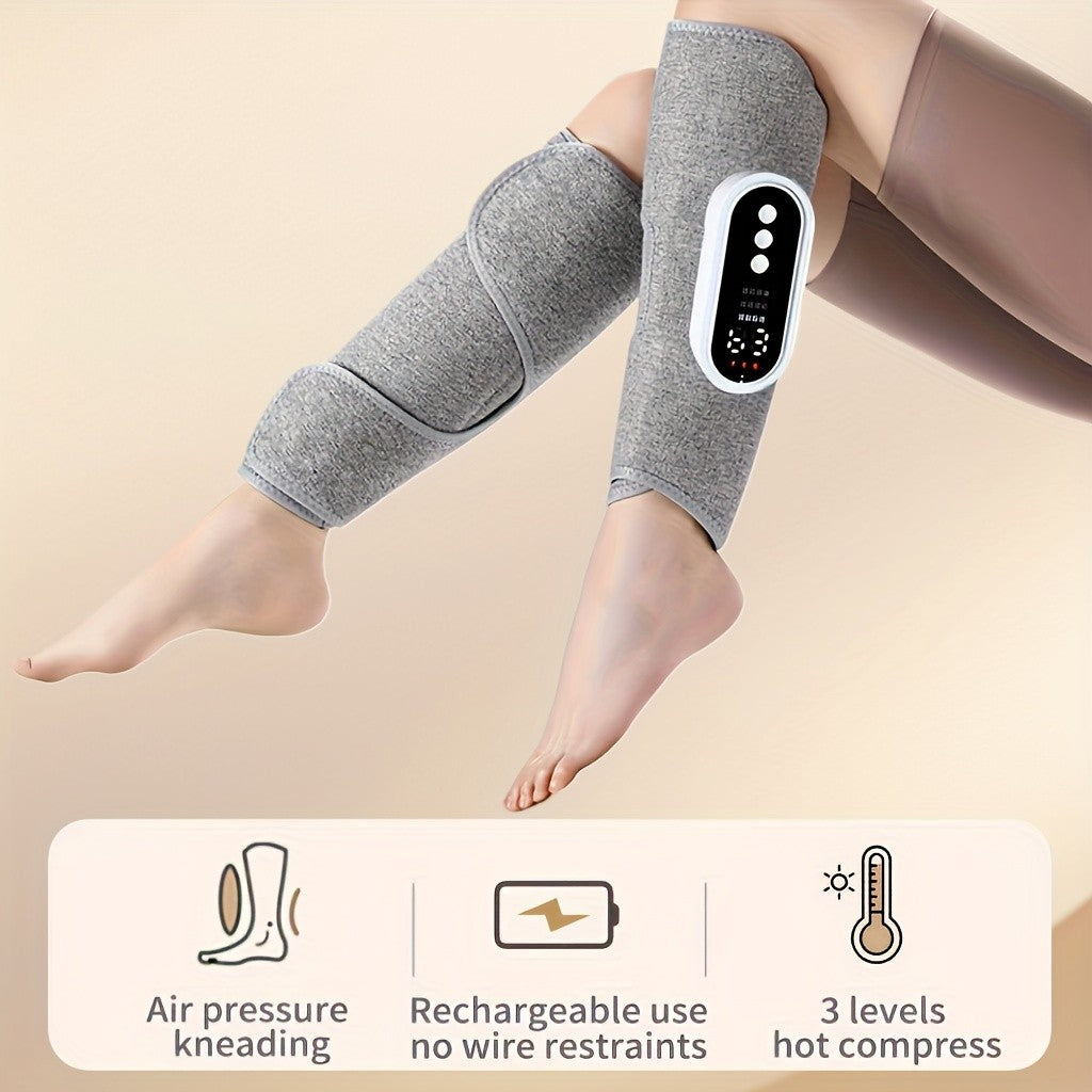 Grey Rechargeable Compression Leg Massager, One-Piece USB-Charging Device with Listed 2000mAh Battery, Three Intensity Levels and Three Temperature Settings
