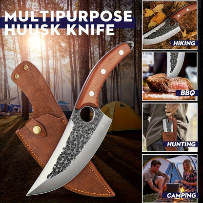 Viking Style Chef Knife with Sheath and Listed Sourwood Handle, Approximately 7-Inch High Carbon Steel Blade for Meat and Vegetable Prep, Camping Cooking and BBQ