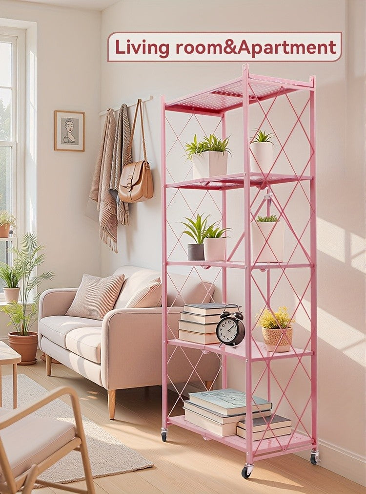 Rolling Folding Storage Rack with Metal Construction and Listed Locking Wheels, Three- to Five-Tier Model Labels for Kitchenware, Household and Dorm Organization