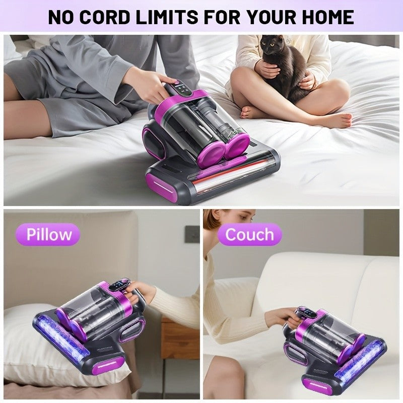 Wireless Mattress Vacuum Cleaner with Listed 16kPa Suction and Dual Cups, Washable Sponge Pre-Filter in Purple or White for Compatible Bed, Sofa and Carpet Fabrics