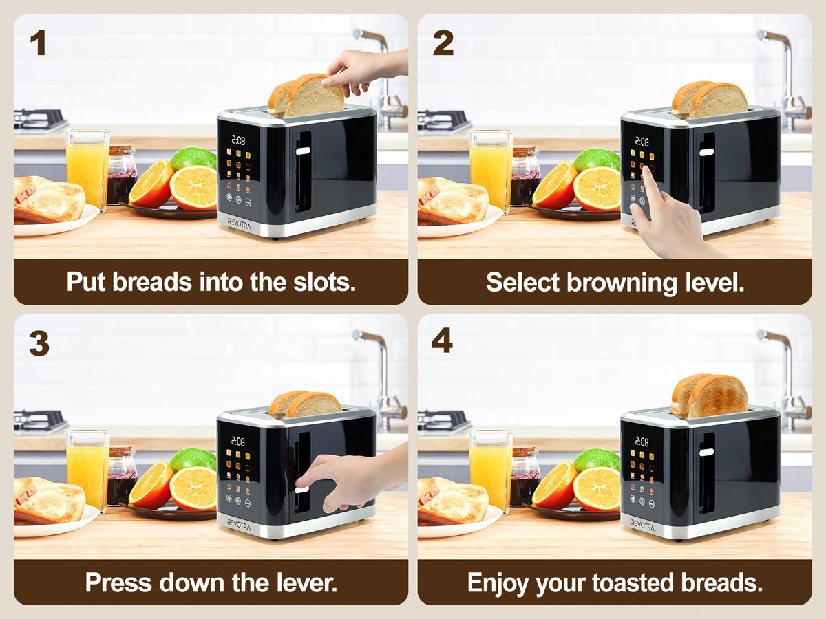 LED Display Breakfast Toaster in Black with Stainless Steel Construction, Wide Slots, Six Toasting Levels, Defrost, Heat and Cancel Functions and Crumb Tray