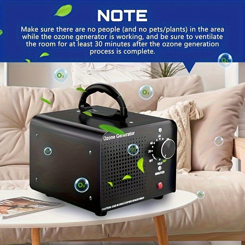 Black Ozone Generator with Fan and Timer Knob, Commercial Odor-Treatment Machine with Conflicting Source Output Ratings and Unoccupied-Space Safety Considerations